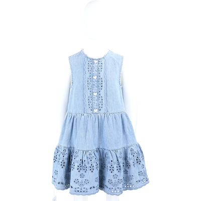 Self-portrait 童裝 花瓣簍空愛心珍珠水鑽釦飾藍色無袖牛仔洋裝 連身裙