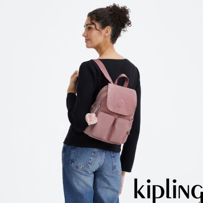 『猴子包』Kipling 柔霧粉掀蓋多袋收納後背包-CITY POCKET MINI