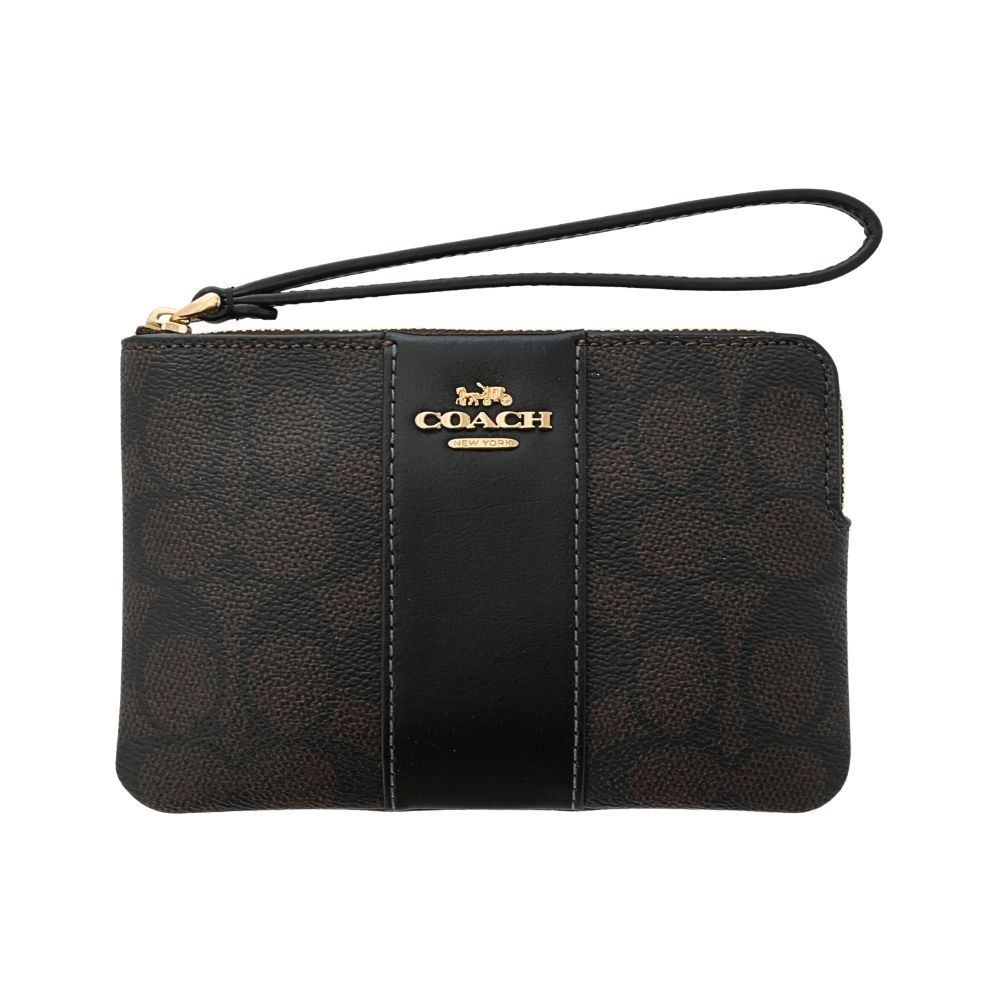 COACH C Logo PVC拼接皮革掛帶L型拉鍊萬用手拿包(黑色/胡桃木)