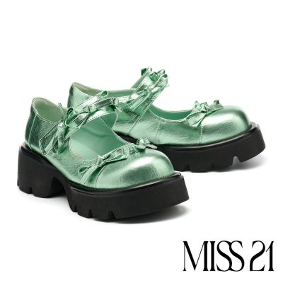厚底鞋 MISS 21 閃甜酷辣蝴蝶結魔鬼氈寬帶全真皮瑪莉珍厚底鞋－綠