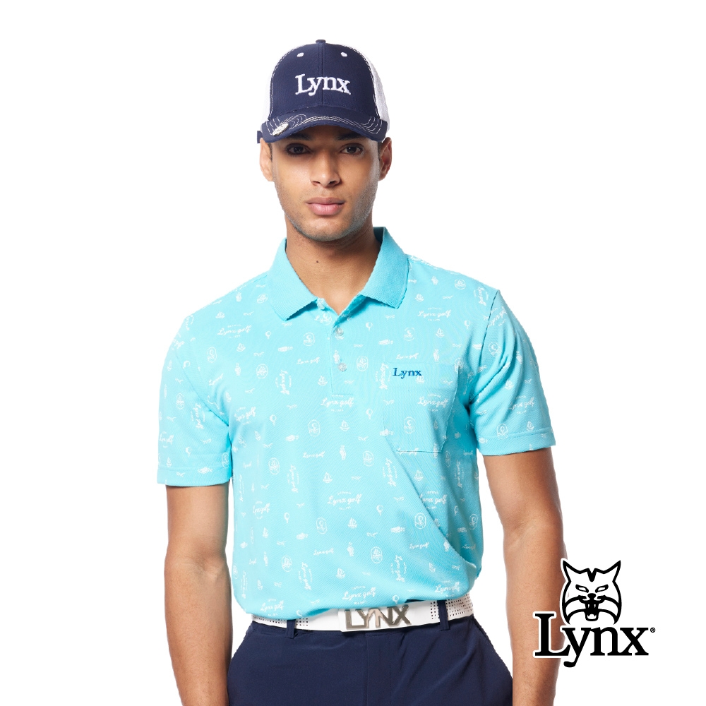 【Lynx Golf】男款吸溼排汗機能羅紋領造型滿版高爾夫印花胸袋款短袖POLO衫/高爾夫球衫-藍綠色 (藍綠色)