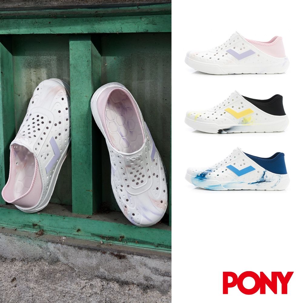 【PONY】(寬楦) ENJOY 輕量洞洞鞋 男女 中性款 拖鞋 雨鞋 水鞋 藝術渲染 熱銷回歸 - 三色 (潑墨黑)