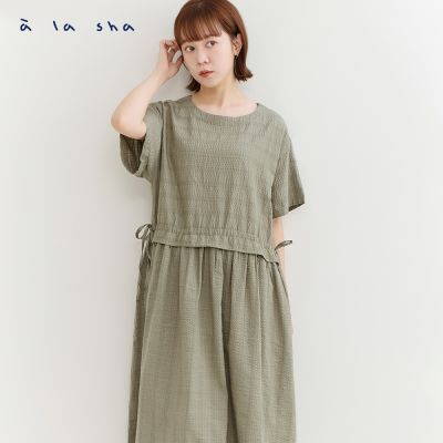 a la sha 泡泡條紋短袖長洋裝