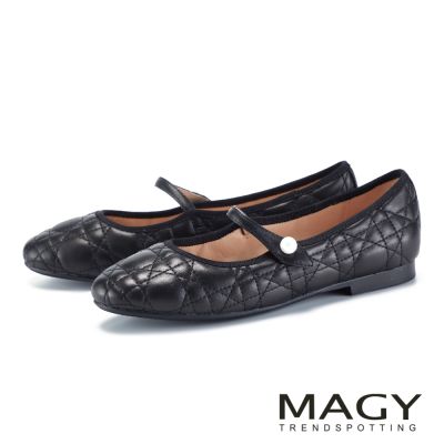 MAGY 格紋羊皮珍珠釦瑪莉珍平底鞋 黑色