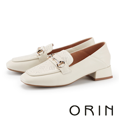 ORIN 馬銜釦沖孔方頭牛皮樂福低跟鞋 米白