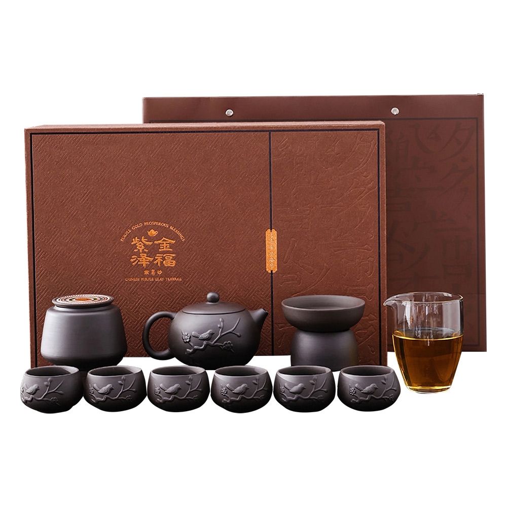 紫砂茶具喜上眉梢整套茶組禮盒裝泡茶壺品茗杯｜浮雕喜雀紋紫砂套組含茶
