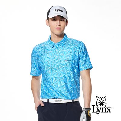 【Lynx Golf】男款吸濕排汗滿版幾何印花胸袋款短袖POLO衫/高爾夫球衫-中藍色