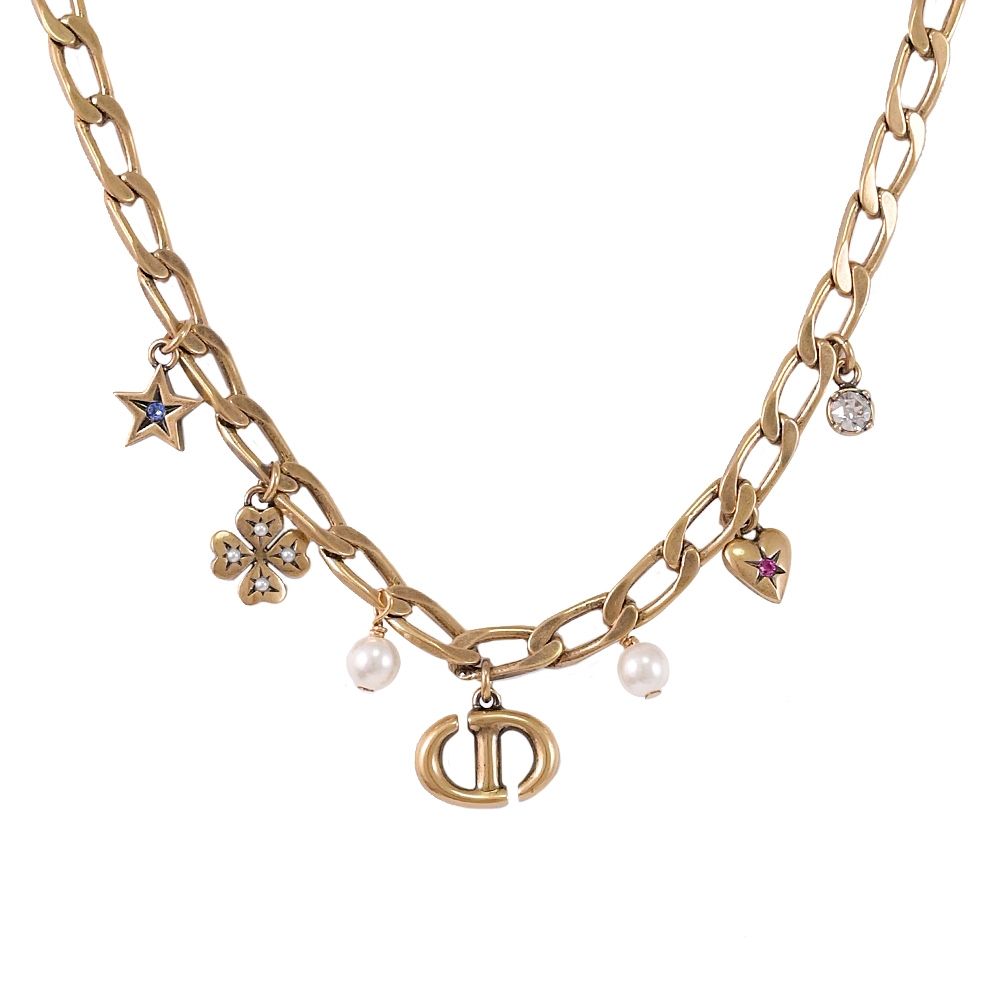 Christian Dior Lucky Charms 經典LOGO幸運符號墜飾項鍊/鎖骨鍊(復古金)