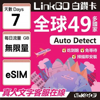 LINKGO白鑽卡 全球49國 eSIM卡 7天上網絡卡 無限流量吃到飽不降速(全球網絡卡 亞洲 歐洲 美洲 大洋洲 非洲)
