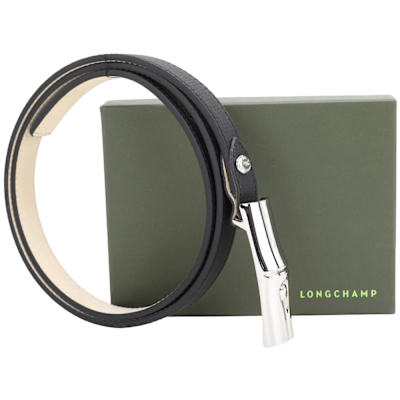LONGCHAMP LE ROSEAU 竹節釦荔紋牛皮細版腰帶(20mm/黑色)