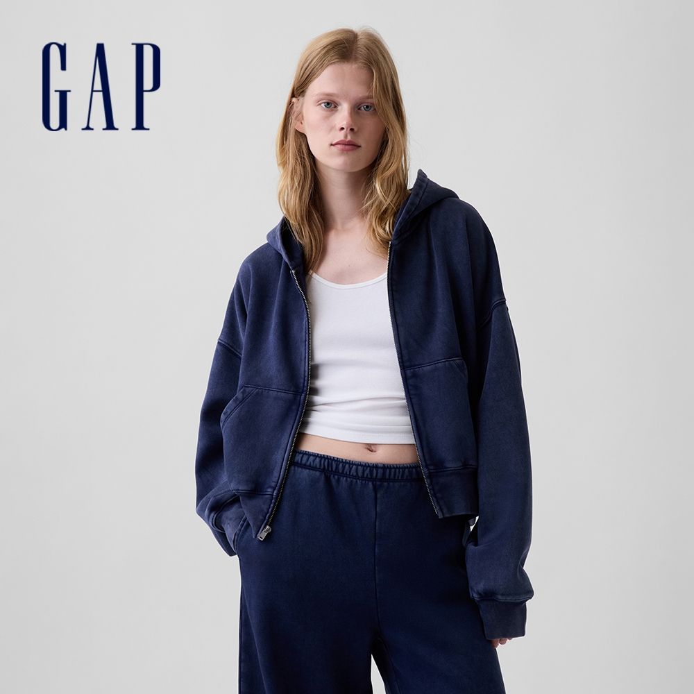 【GAP】VintageSoft楔形剪裁拉鍊連帽外套-深藍(714577) (深藍)