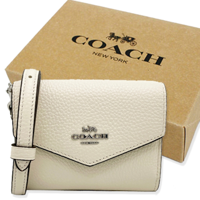 COACH 素面牛皮卡夾零錢迷你斜背包附禮盒(超迷你款-米白)