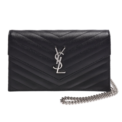 YSL Saint Laurent聖羅蘭 YSL MONOGRAM系列V字縫線魚子醬牛皮金屬LOGO銀鍊肩背信封包(黑)