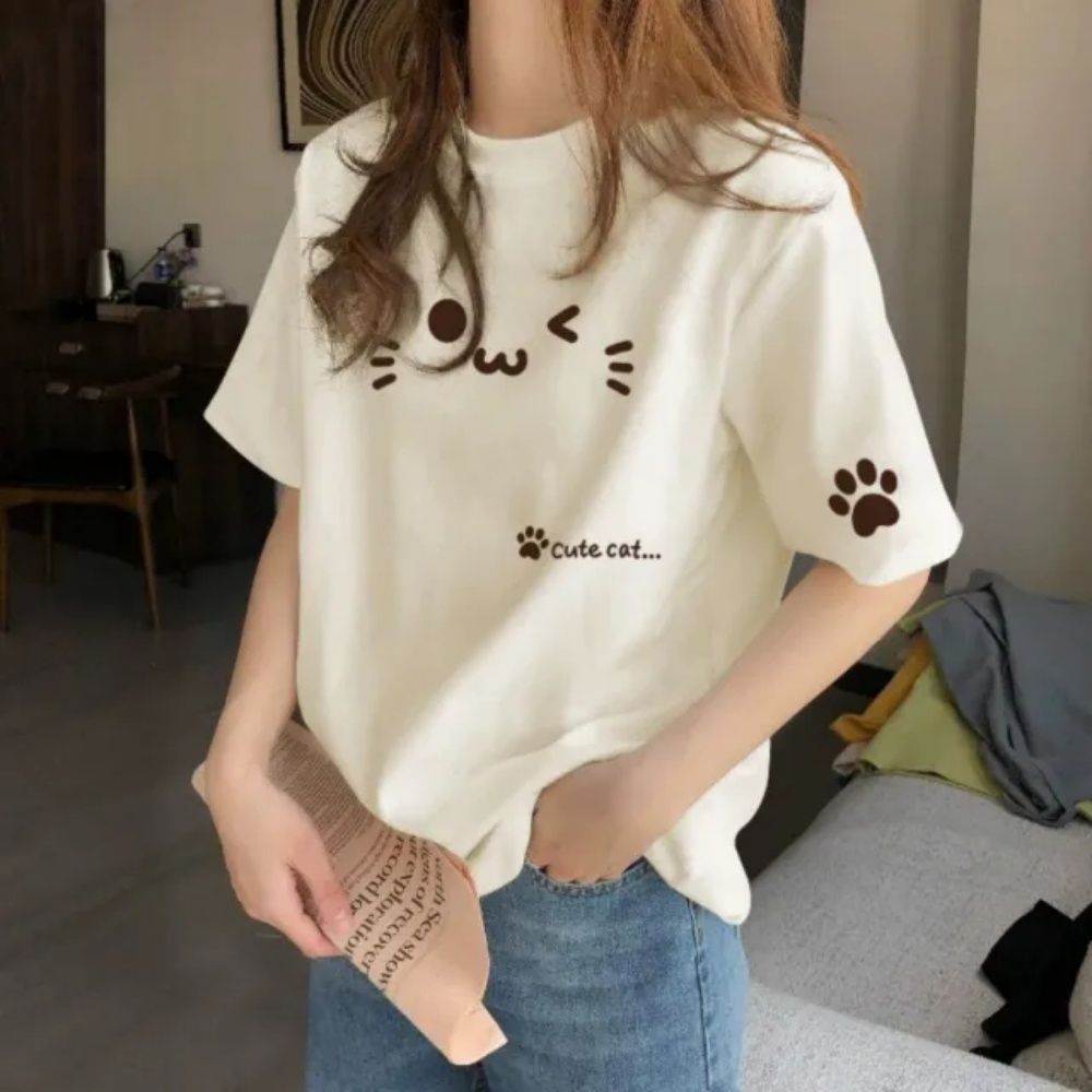【LANNI 藍尼】★貓咪表情印花百搭圓領T恤(女裝/短袖上衣/休閒/日系/通勤) (杏)