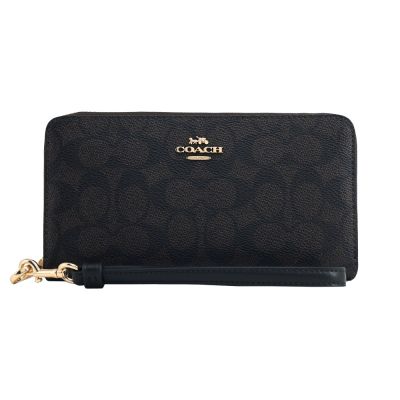 COACH 緹花logo拉鍊手掛式長夾(咖啡)