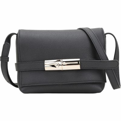 LONGCHAMP Le Smart S 竹節扣帶荔紋小牛皮翻蓋肩 斜背包(黑色)