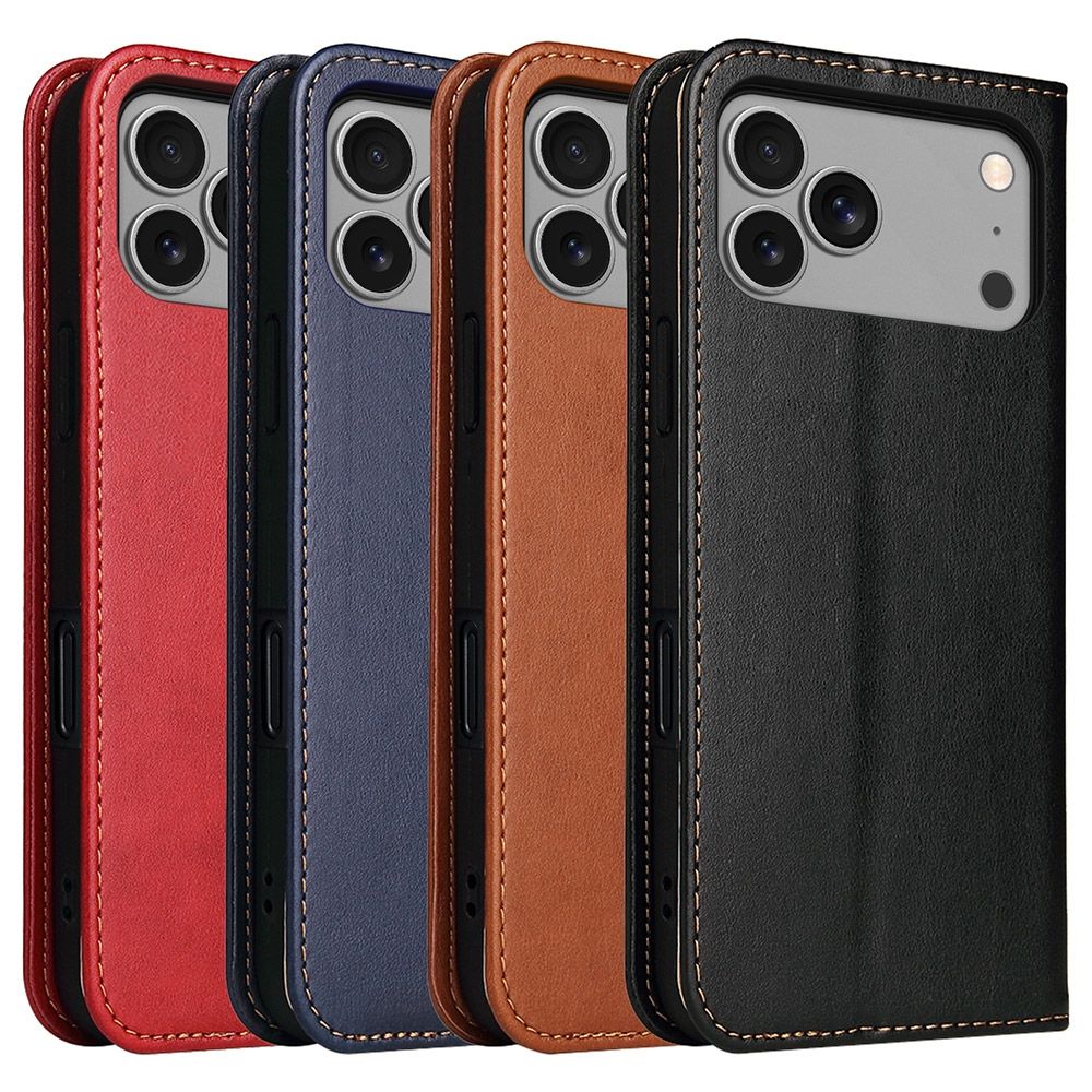 Fierre Shann 真皮紋 iPhone 17系列 錢包支架款 磁吸側掀 手工PU皮套 (17 Pro Max)