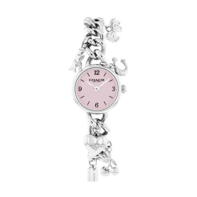 COACH 官方授權 時尚 銀色不鏽鋼吊飾 圓型粉面造型錶-女錶(CO14504649)22mm