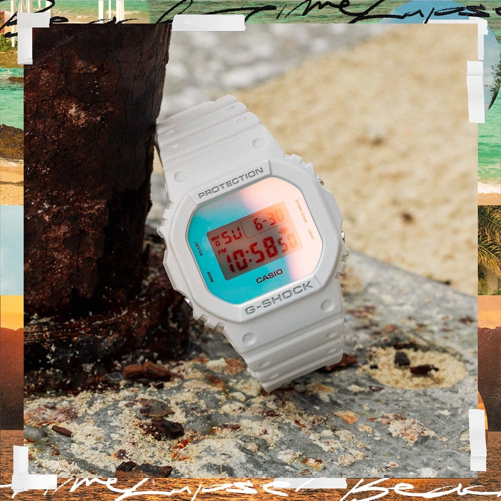 CASIO卡西歐  G-SHOCK 搶眼反射錶面 夏日海灘 耀藍漸變 酷炫多彩 百搭純白 經典方型 DW-5600TL-7_42.8mm