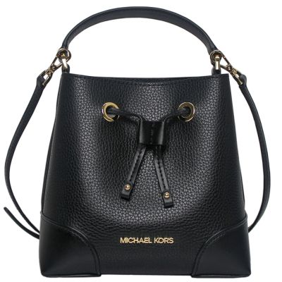 Michael Kors  金字荔枝紋皮革手提斜背兩用水桶包(黑)