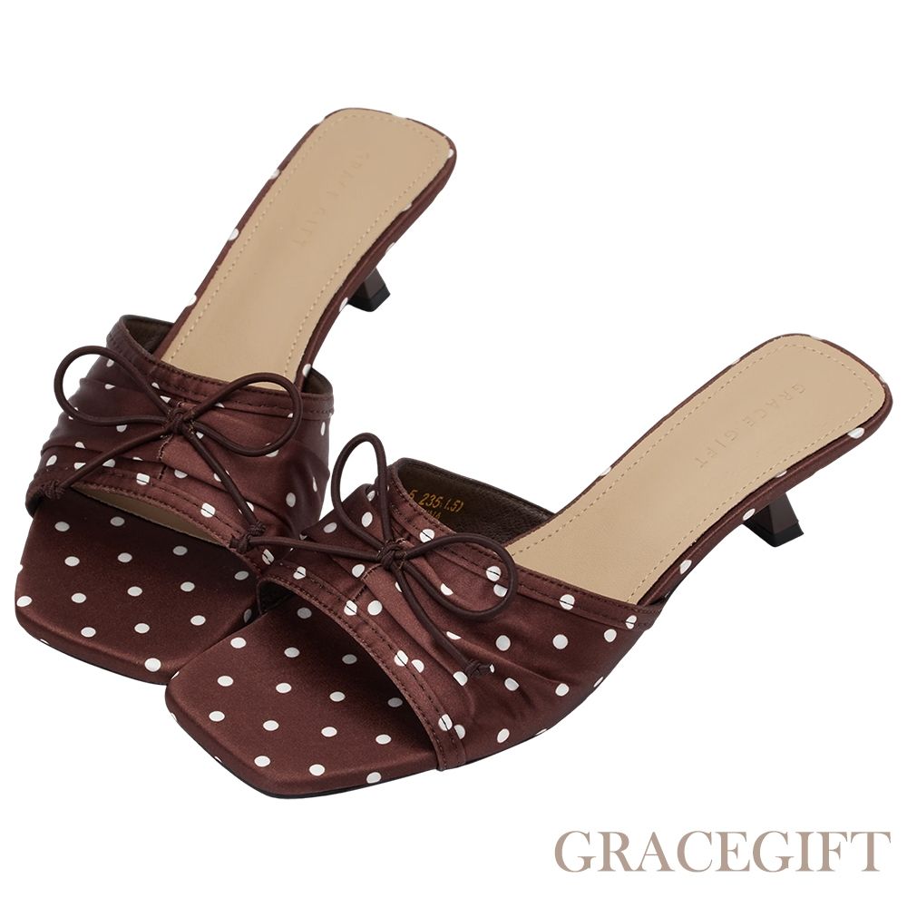【Grace Gift】復古輕熟波點蝴蝶結細跟拖鞋 咖