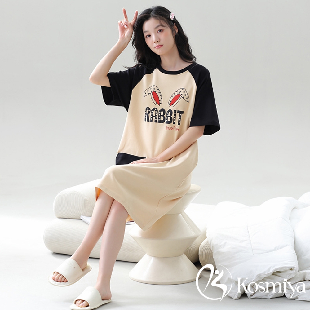 【Kosmiya】1件 帶胸墊 萌趣甜心棉質睡裙/女睡衣/睡裙/居家服/連身洋裝/洋裝(4色可選/均碼/加大碼) (萌趣甜心-俏皮黑兔)