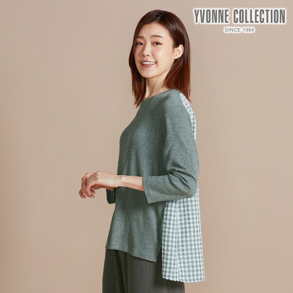 YVONNE 以旺傢飾 皺皺提花拼接長袖上衣-岩石灰