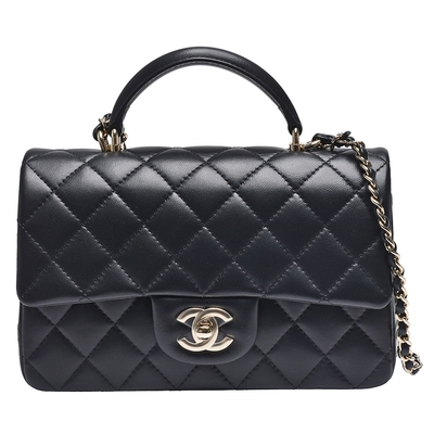 CHANEL香奈兒 CHANEL 經典金色雙C LOGO菱格小羊皮暗釦手提/斜背包(黑)