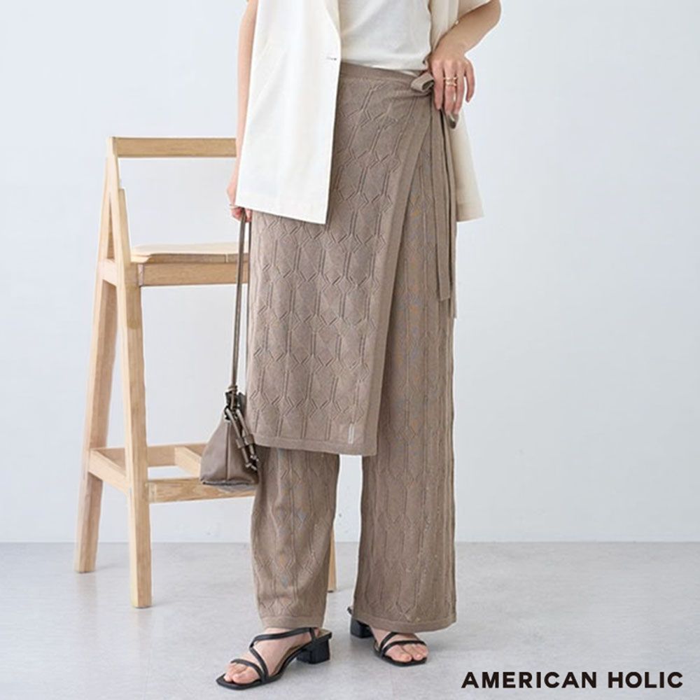 〔AMERICAN HOLIC〕【SET ITEM】鏤空幾何圖案針織寬褲+綁帶裹身裙