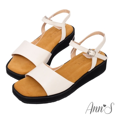 Ann’S水洗牛皮-3.5cm小心機厚底！「真皮牛皮素面一字」方頭涼鞋-米白