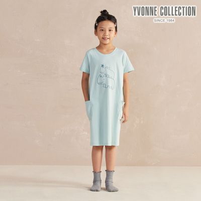 YVONNE 以旺傢飾 童裝 | 犀牛網印短袖洋裝-湖水綠