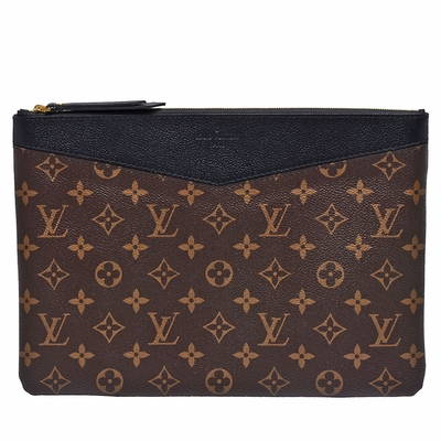 LV Louis Vuitton路易威登 M62048經典DAILY POUCH系列Monogram帆布印花牛皮飾邊拉鍊手拿包(黑色)