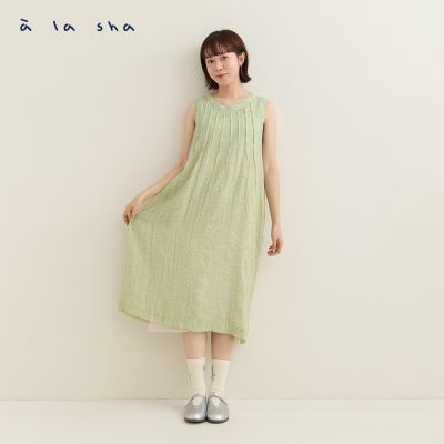 a la sha 輕透格紋抓褶背心洋裝