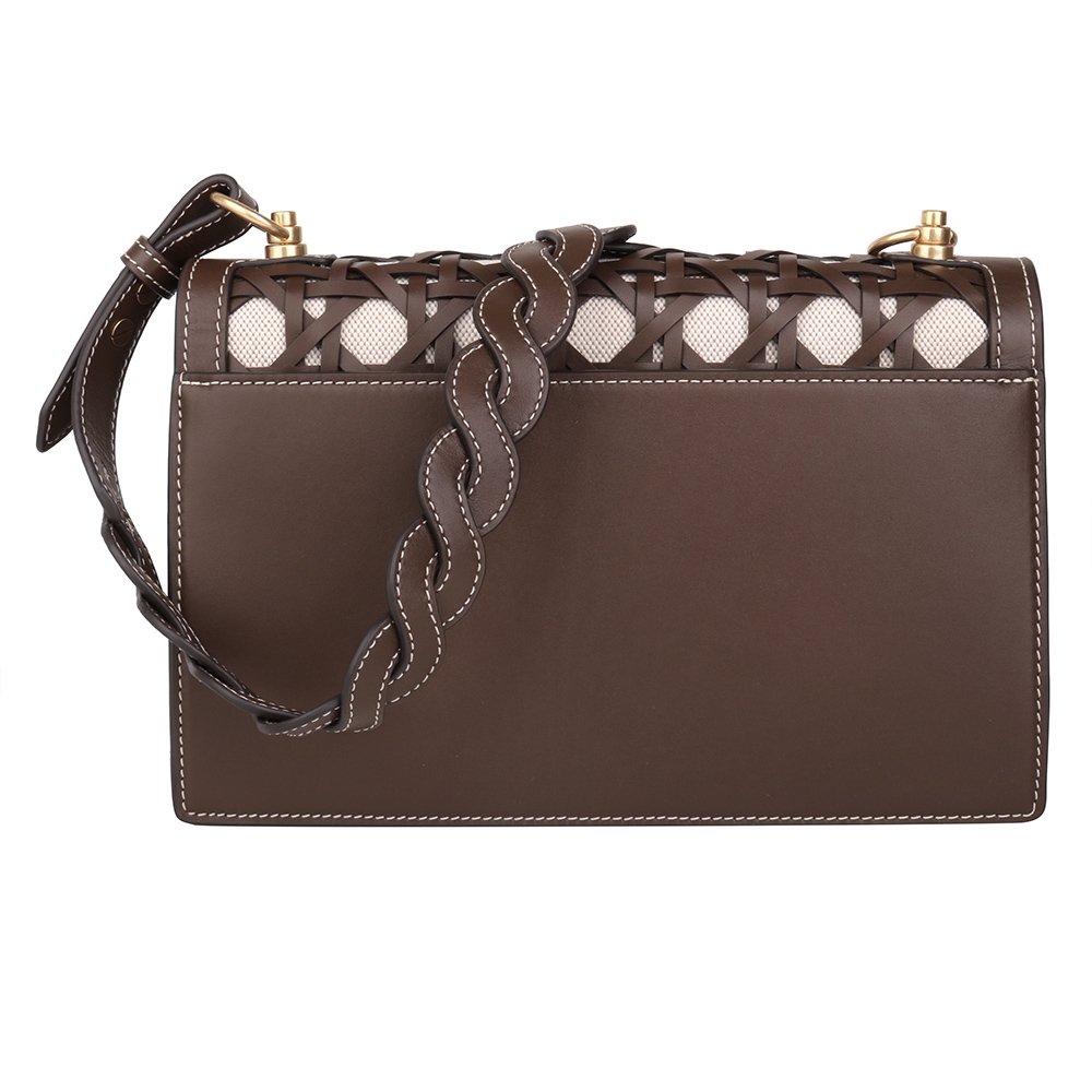 TORY BURCH 金屬標誌編織皮革肩背包(深咖)M 購物包/ 肩背包| Yahoo