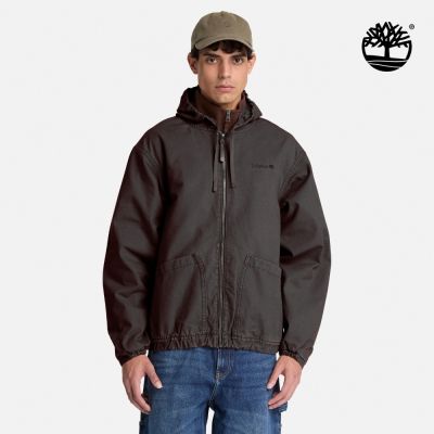 Timberland官方旗艦 男款灰黑色寬版連帽帆布飛行外套|A5T4QCN1