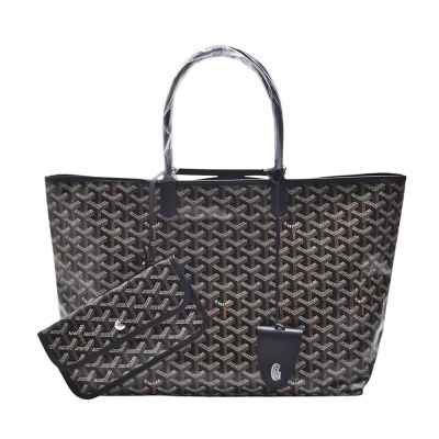 GOYARD 經典St. Louis PM 防水帆布LOGO磁吸吊飾購物包(中-黑-附收納袋)