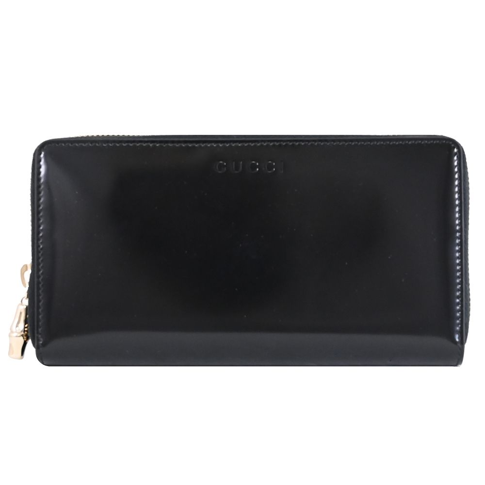 GUCCI Petite 經典LOGO竹節造型亮面漆皮ㄇ字拉鍊長夾(黑)