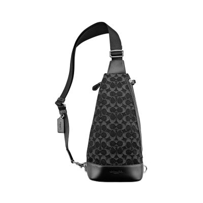 COACH黑灰C Logo緹花丹寧布直式單肩胸背斜後背男包
