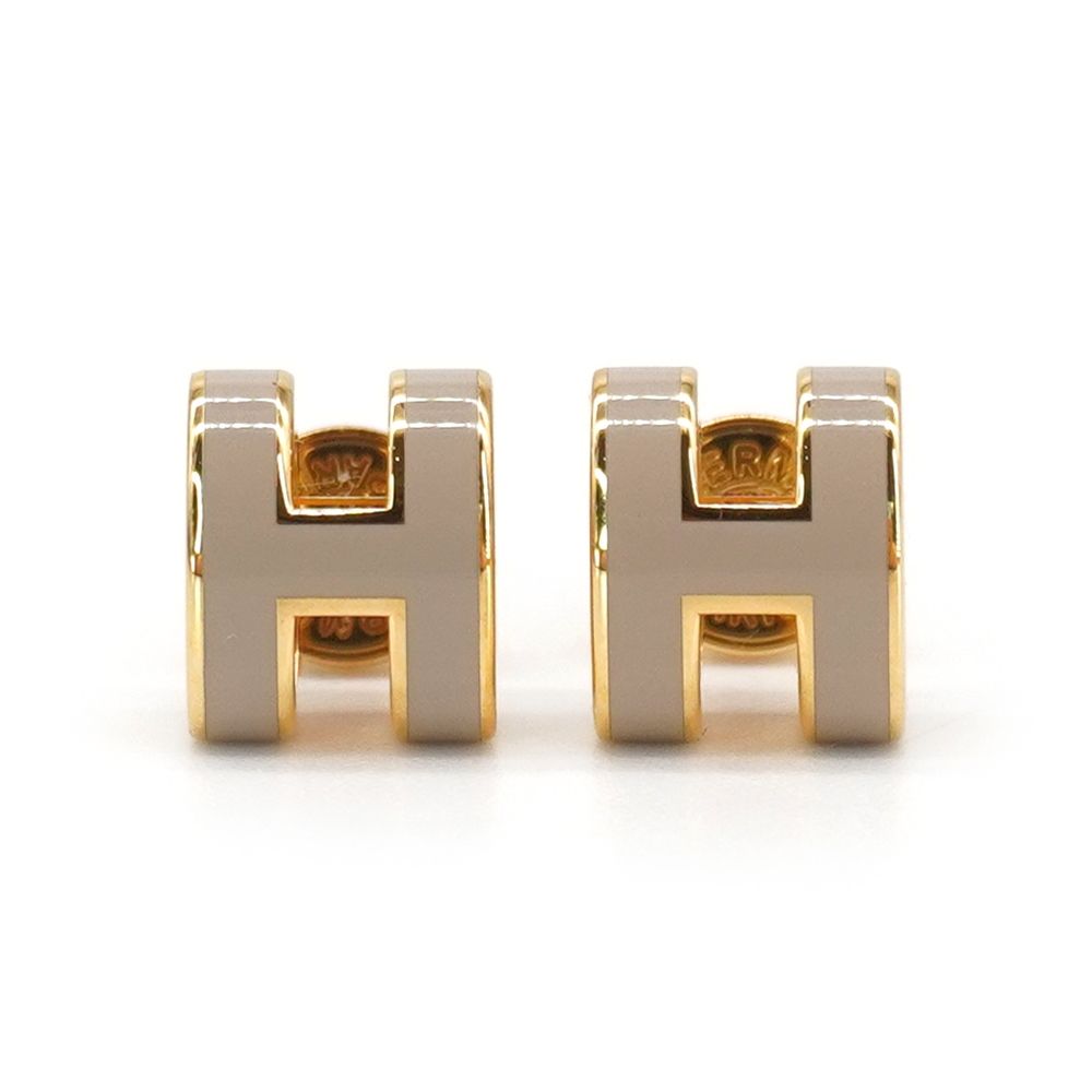 Hermes 愛馬仕 Pop H 立體簍空橢圓logo耳環-mini(栗子灰/金)