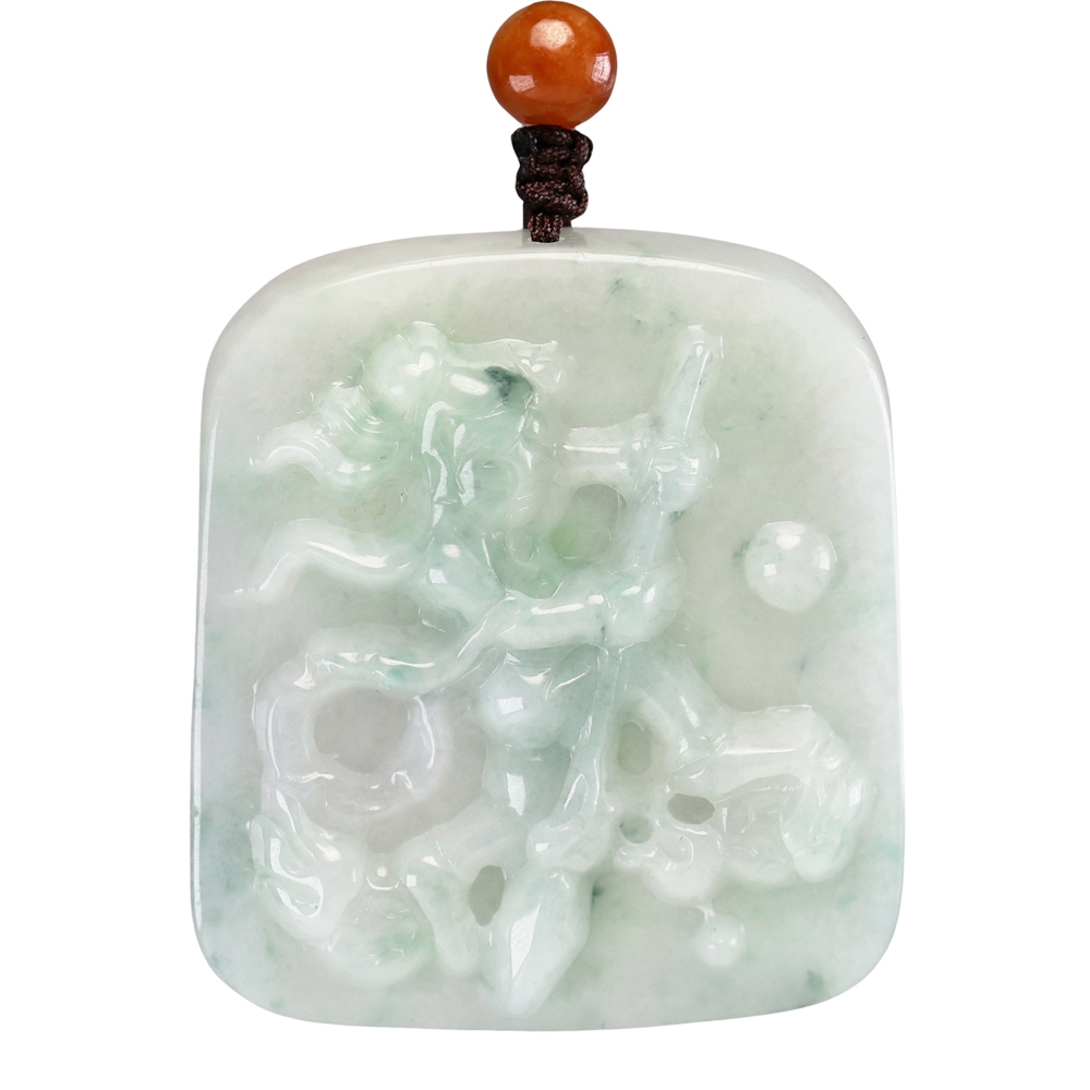 中國 翡翠玉 三彩獅辟邪玉珮 / 根付 中國翡翠玉 三彩獅