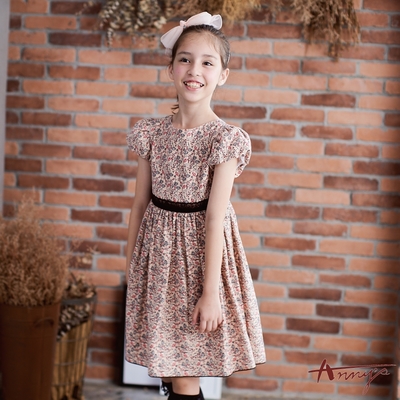 Annys安妮公主-蒲公英花卉秋冬款純棉綁帶短袖洋裝*9239卡其