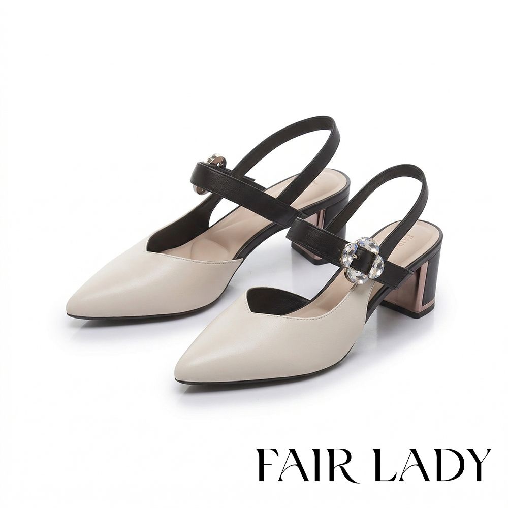FAIR LADY 芯太軟 撞色斜口金屬鏡面粗跟涼鞋 奶油 (4M3189)