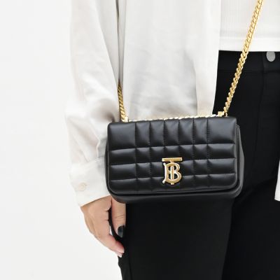 BURBERRY 巴寶莉 Mini Lola 金屬LOGO格紋車線小羊皮迷你翻蓋斜背包(黑/金)