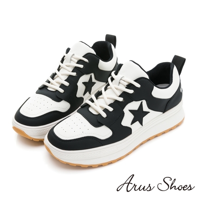 GDC-真皮撞色流行運動風綁帶休閒厚底步鞋-黑色