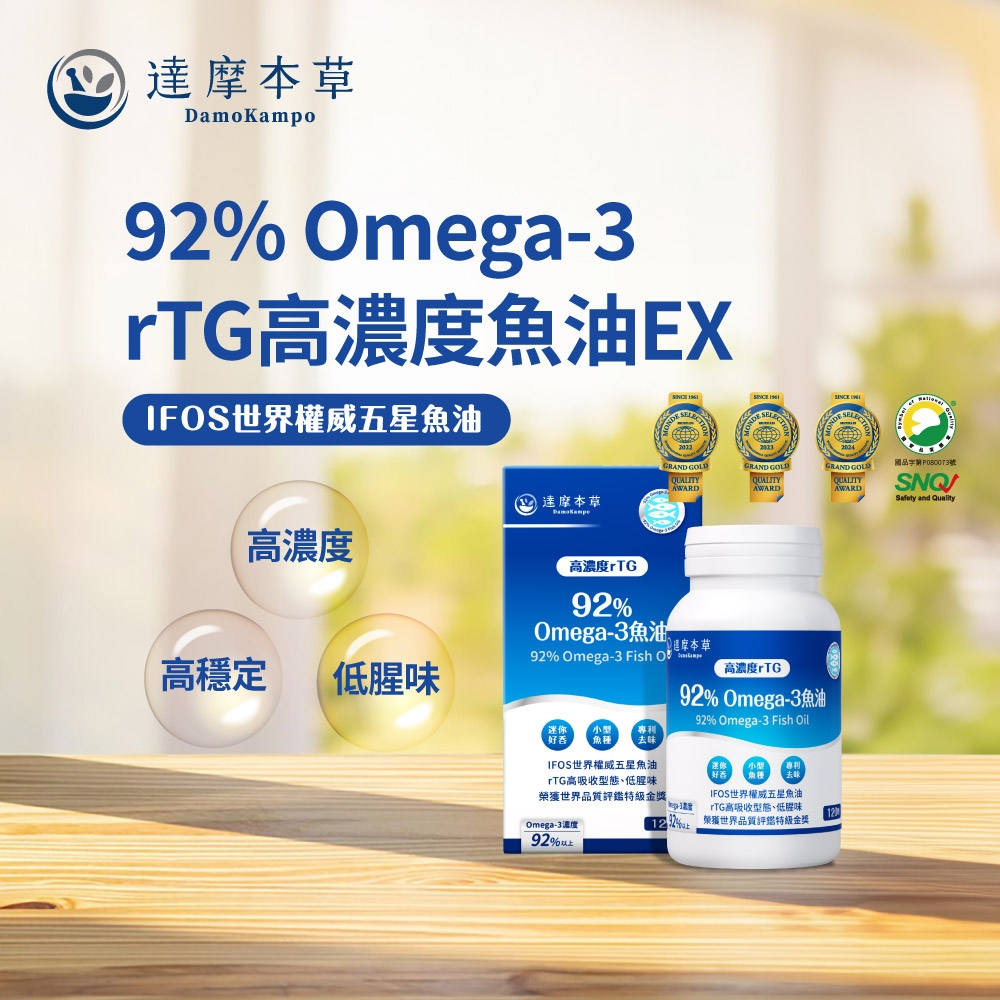 本草DamoKampo9% Omega-3rTG高濃度魚油EXIFOS世界權威五星魚油 DE DEGRAND AWARDGRAND GOLDQUALITYAWARD2 達摩本草高濃度高濃度rTG92%Omega-3魚油 達摩本草92% Omega-3 Fish 高穩定低腥高濃度rTG92% Omega-3魚油92% Omega-3 Fish Oil迷你 小型好吞專利味IFOS世界權威五星魚油rTG高吸收型態低腥味榮獲世界品質評鑑特級Omega-3濃度92%以上IFOS世界權威五星魚油rTG高吸收型態、低腥味12榮獲世界品質評鑑特級金獎國品字號GRAND GOLDQUALITYAWARDSNQ and Quality