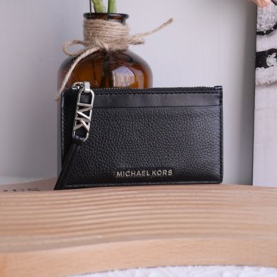 MICHAEL KORS EMPIRE 金屬LOGO卡片零錢包(黑銀)