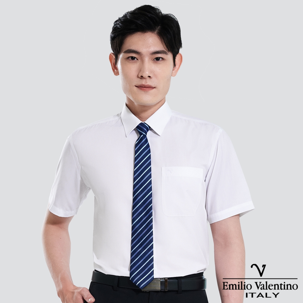 Emilio Valentino 范倫提諾仿天絲素面短袖襯衫-三色任選 (白)
