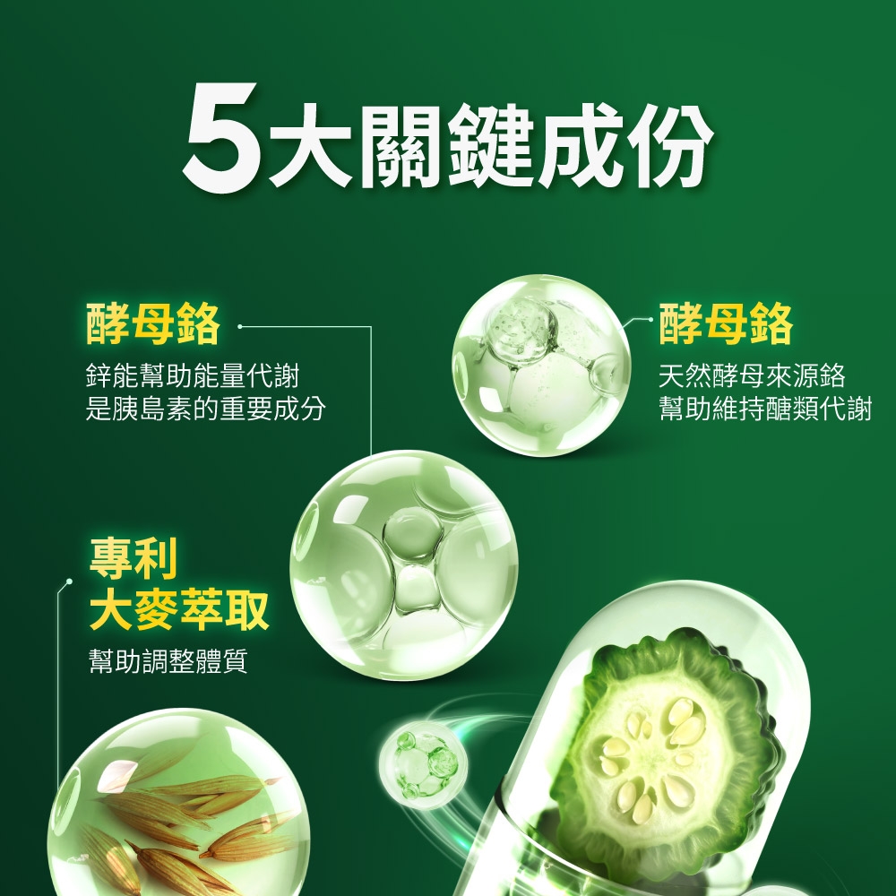 5大關鍵成份酵母鋅能幫助能量代謝是胰島素的重要成分酵母天然酵母來源鉻幫助維持醣類代謝專利大麥萃取幫助調整體質