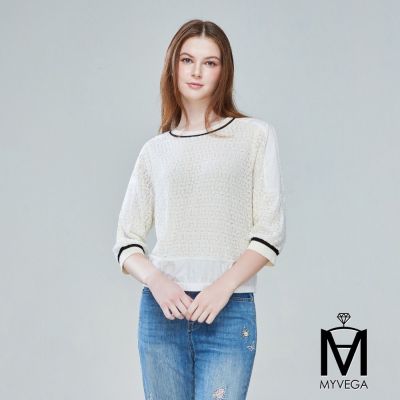 MYVEGA麥雪爾 MA異材質拼接簍空網紋撞色領上衣-米