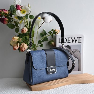 COACH GRACE 撞色拼接款皮革手提斜背兩用包(水洗藍)